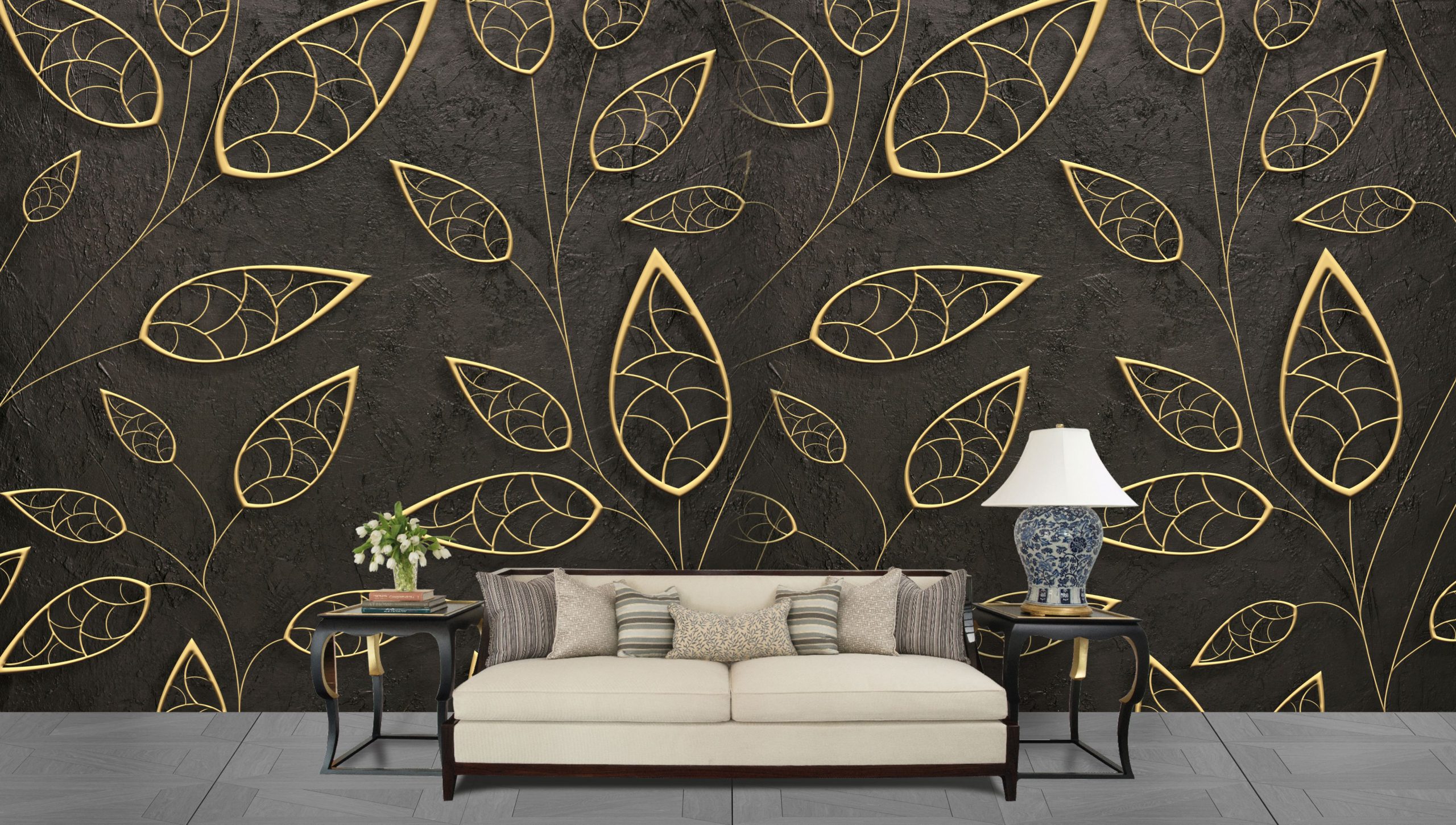 3d Beautiful Golden Leaf Pattern with Black Textured background