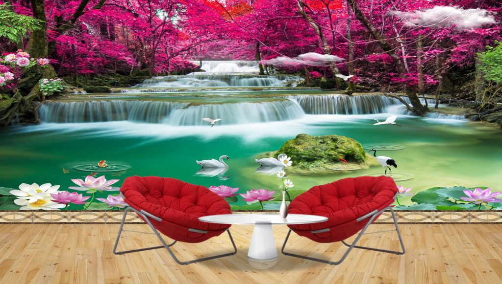 3D Natural Waterfall with Sea Tree Wall Wallpaper Free Download