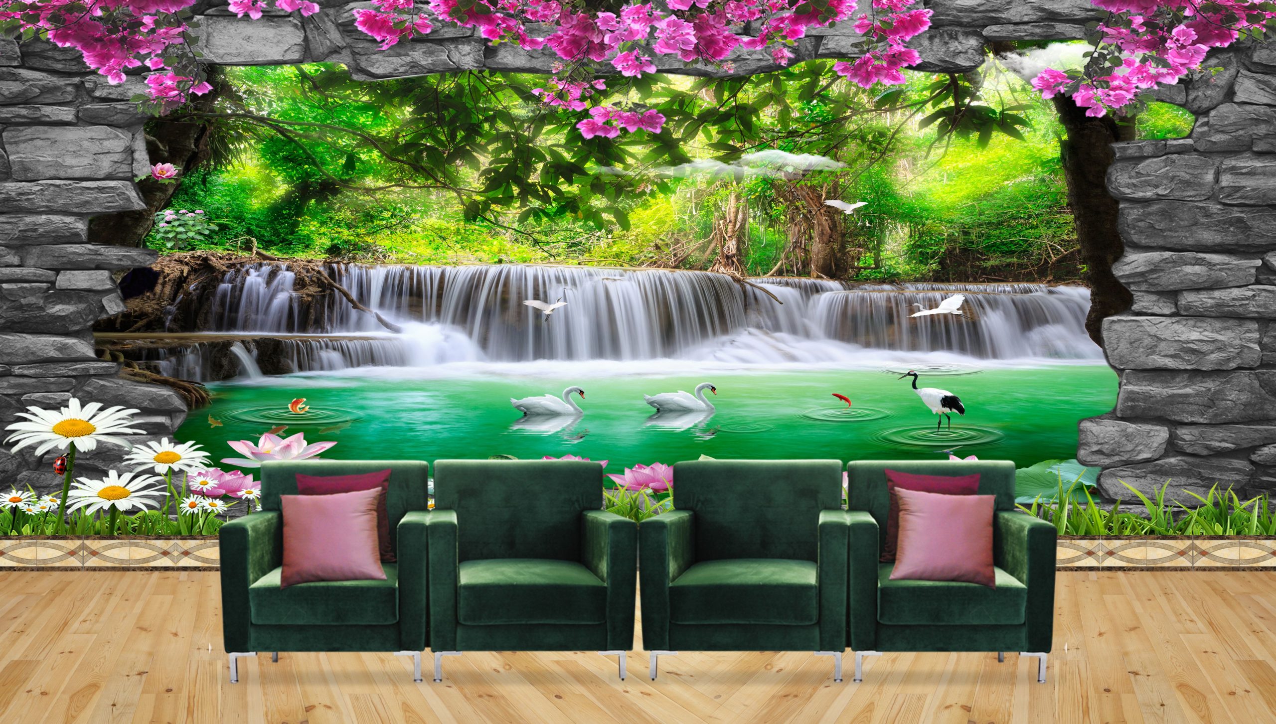 3D Nature Wallpaper with Stone Arch Waterfall Wall Wallpaper Free Download