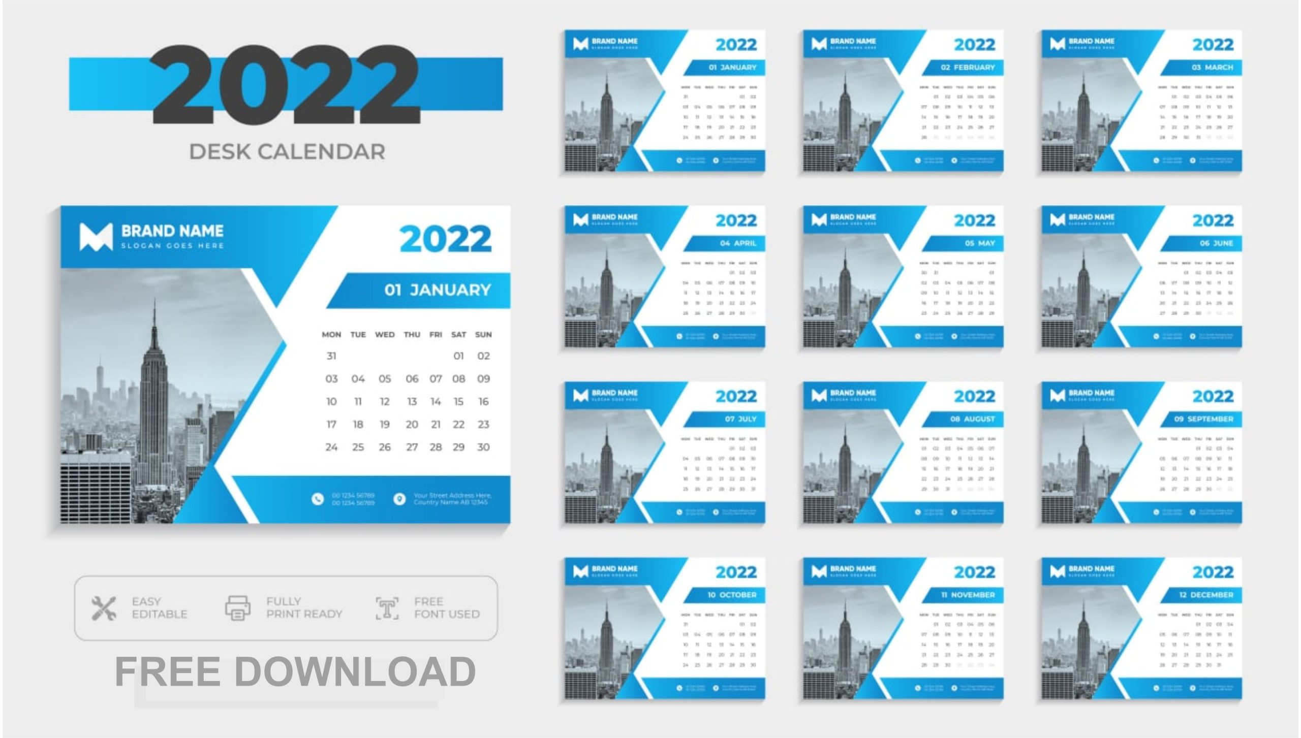 Modern 2022 Desk Calendar Design Template Free Download