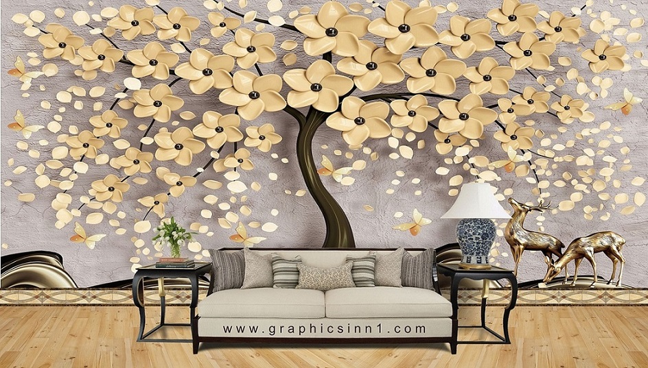 Tree with Flowers Elk Deer 3D Wallpapers