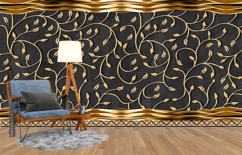 3D Modern Golden Leaves Branches Waves Wallpaper