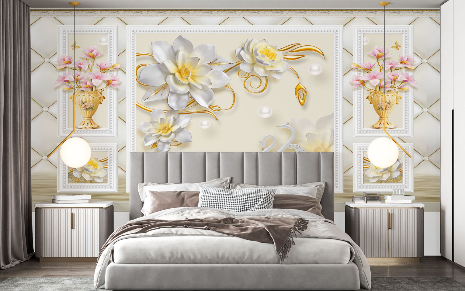 Classic Interior Wallpaper with Moldings Flowers Free Download