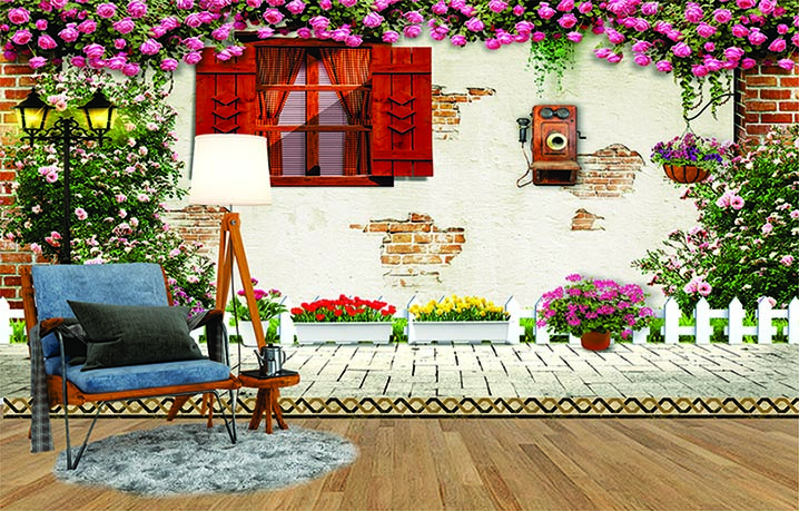 Wall with Window Flowers Exterior House Wallpaper