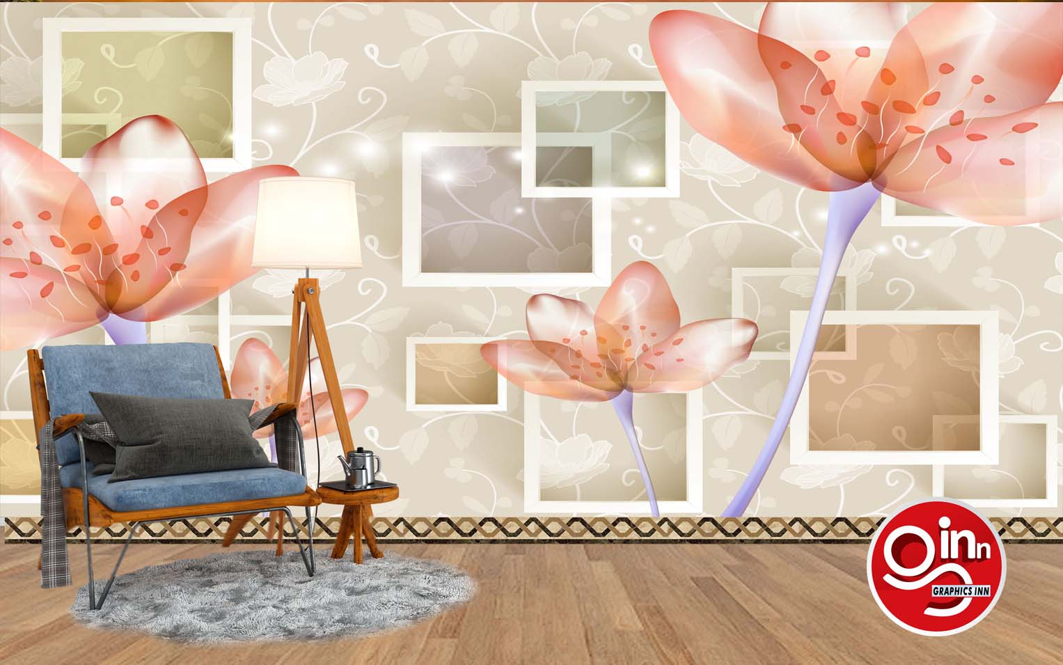 3D Rose Flowers with Squares Decorative Wallpaper Free Download