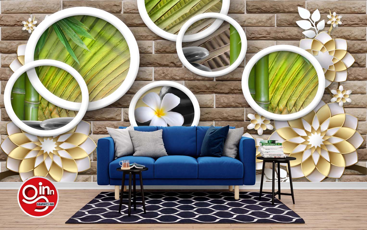 3D Golden Flower Ring Brick Wall Wallpaper Free Download