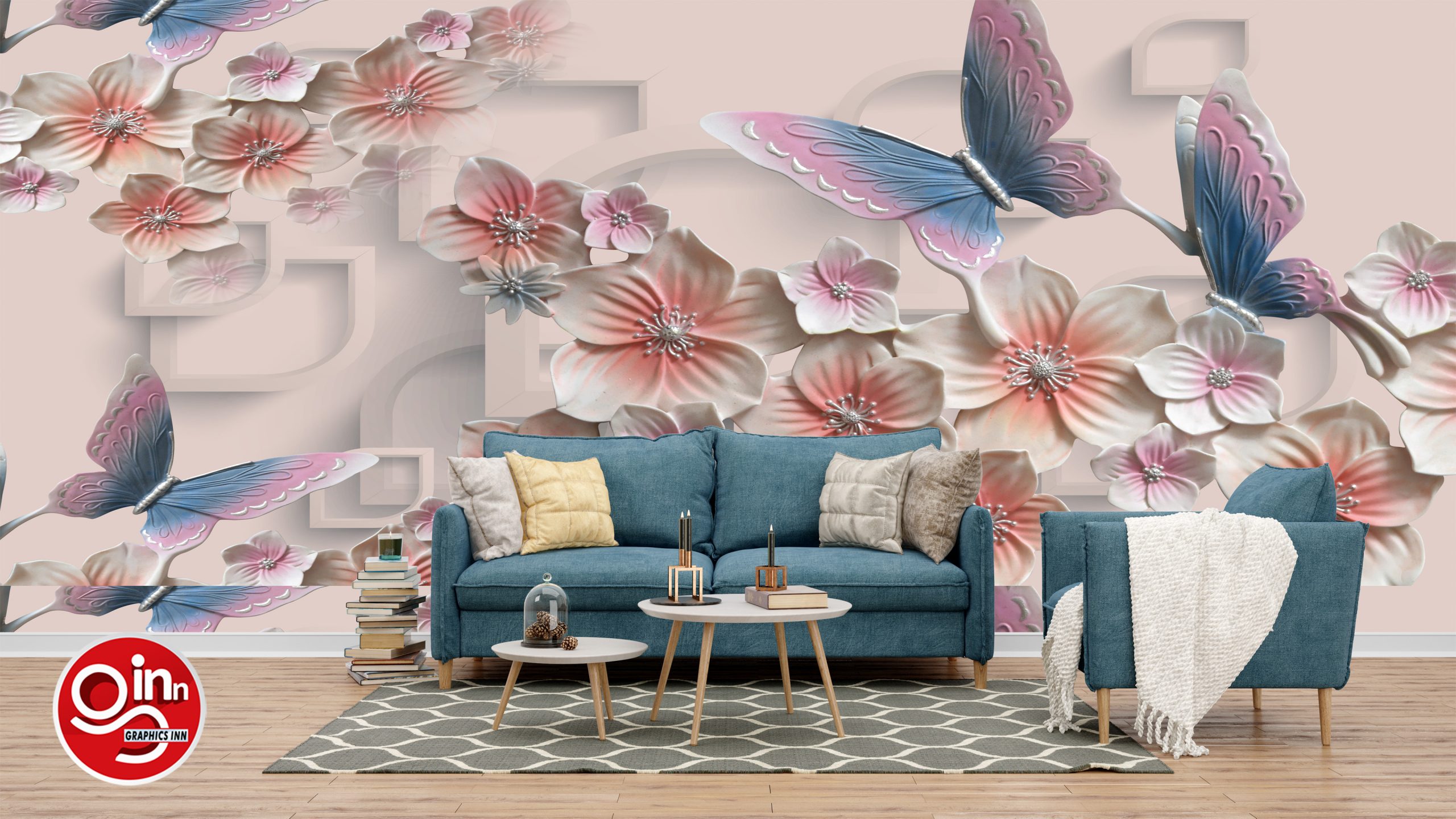 3d Pink Pastel Abstract Ceramic Flowers Butterflies Wall Wallpaper