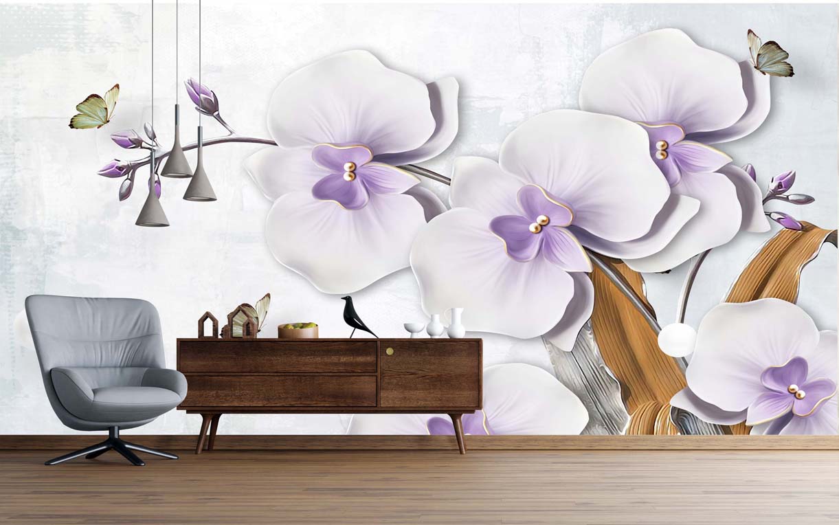 3d Wallpaper of Orchids Tree Butterflies Free Download