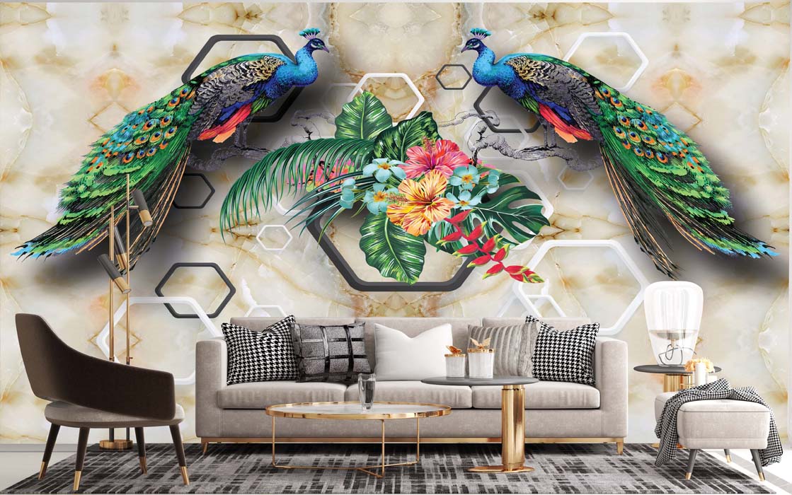 3d Peacock on Brick Wall Wallpaper Free Download