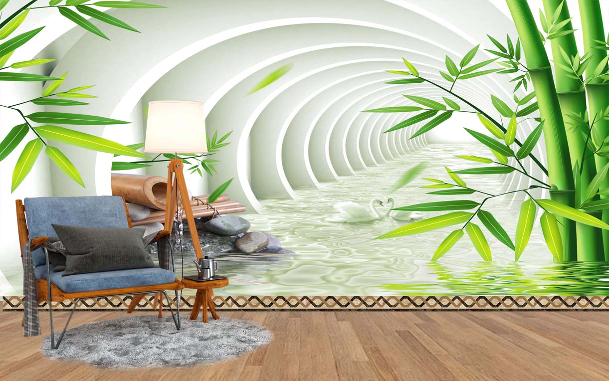 3d Wallpaper, Tunnel with Water and Bamboo Living Room Wallpaper