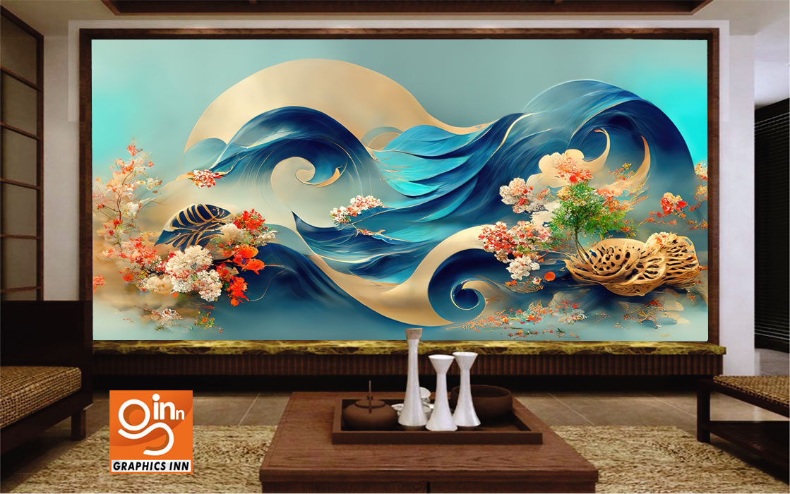 3D Canvas Waves Flowers Illustration Decor Wallpaper