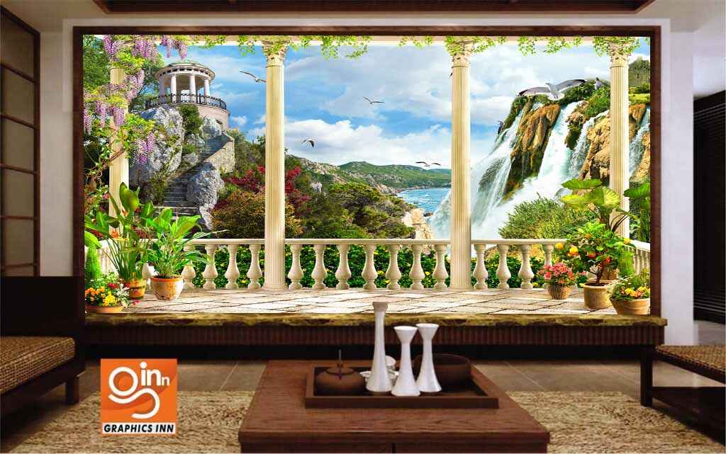 Stunning View from the Terrace on a Beautiful Mountain Landscape with a Waterfall