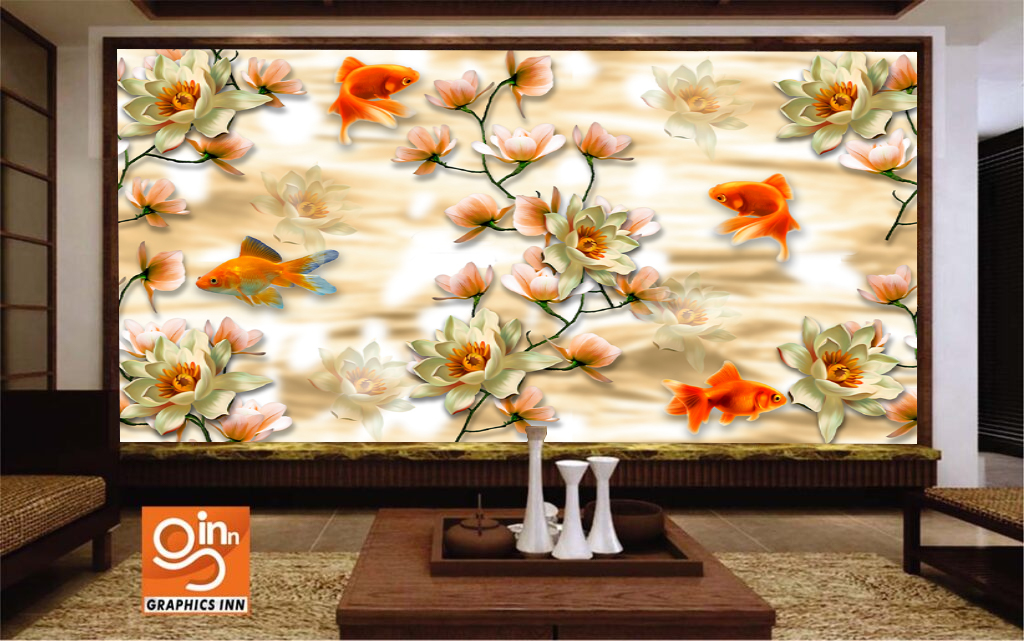 Golden 3D Flower Fish Seamless Wallpaper